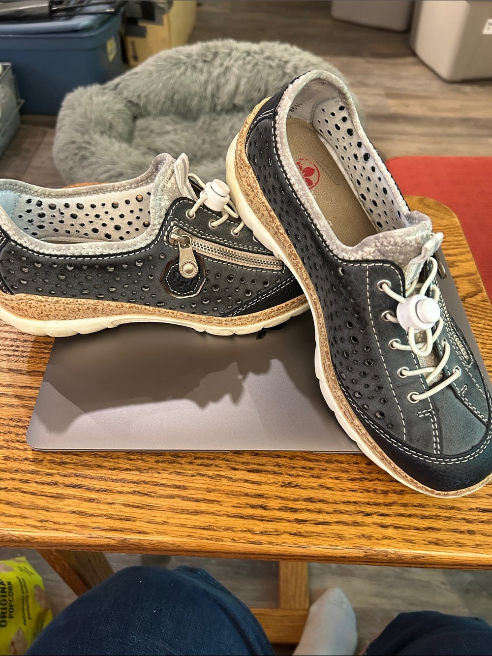 Rieker Breathable Perforated Lace-Up Flats in Charcoal and Cream
